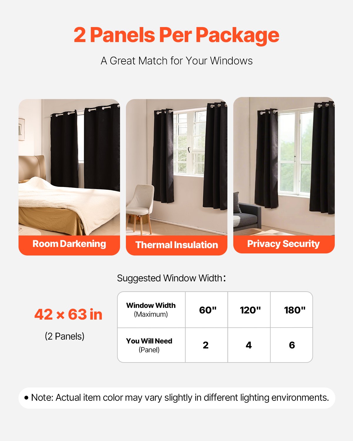 Blackout Curtains, 63 Inch Length 2 Panels Set, 42 Inch Wide Each, Thermal Insulated Blackout Light Blocking Drapes, With Grommets, Polyester Curtains For Bedroom Living Room Window, Black